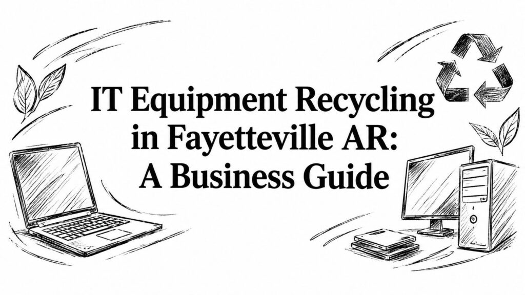 A sketch of a laptop and desktop computer advertising IT Equipment Recycling in Fayetteville, AR.