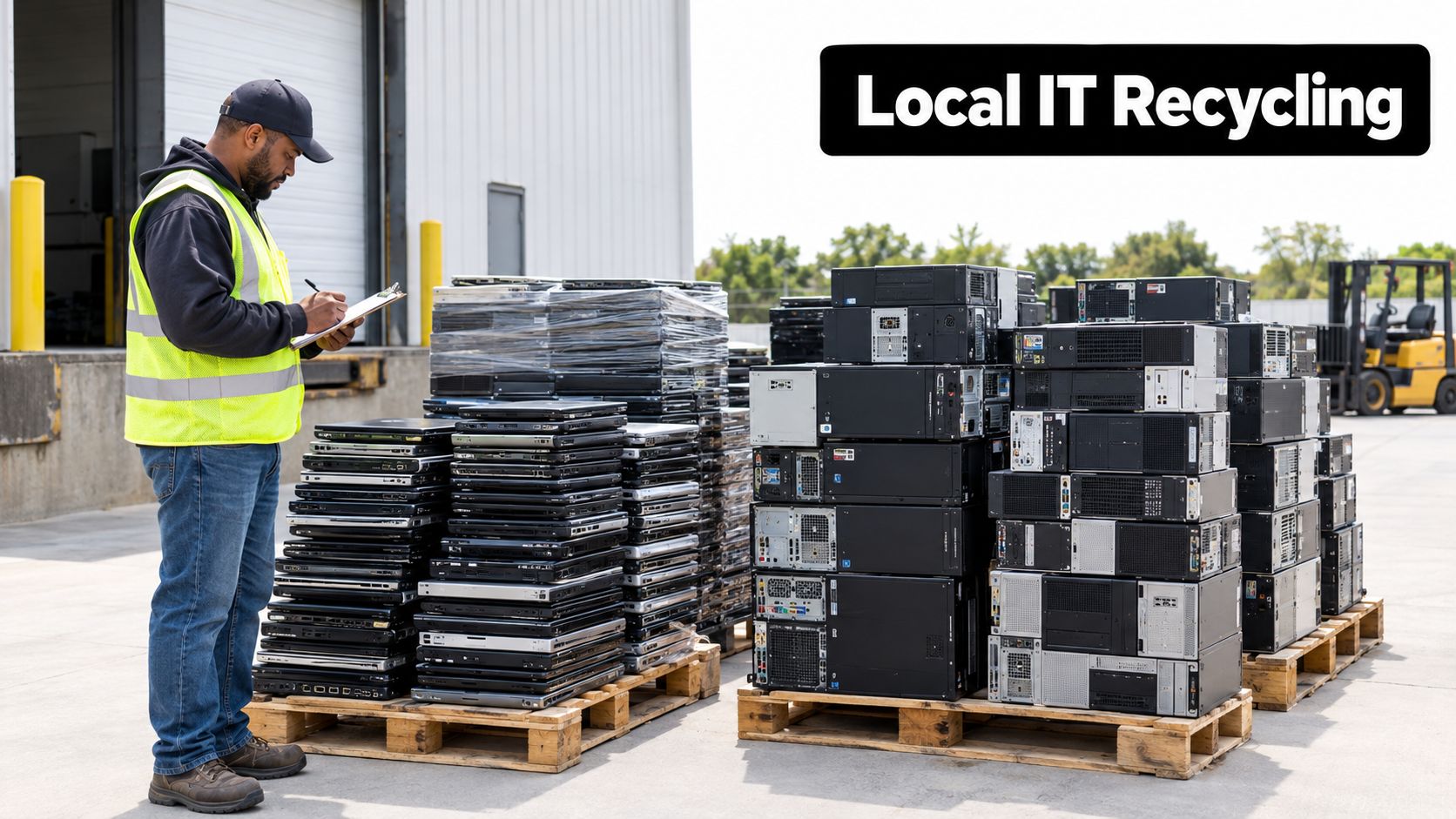A worker in a high-visibility vest inspects a large shipment of stacked recycled computers on pallets.