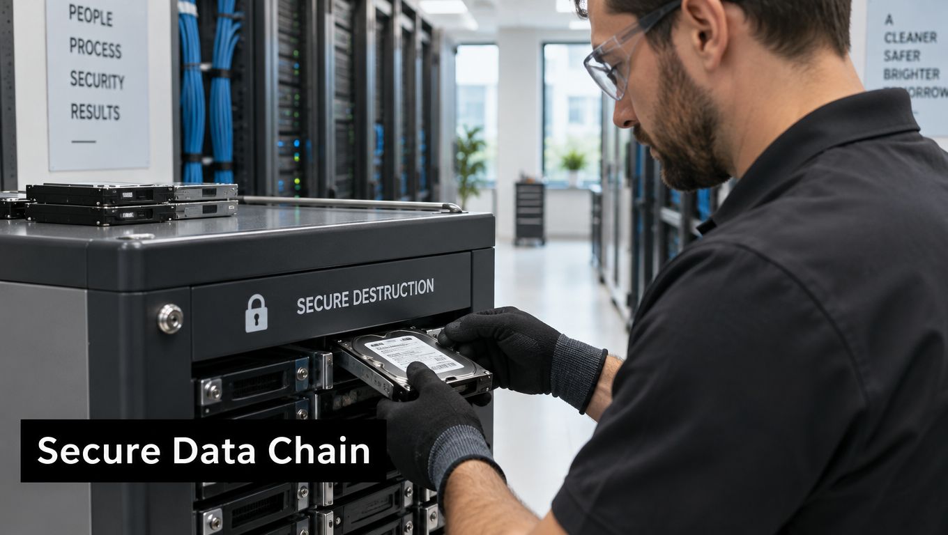 A technician wearing safety gear securely inserting a hard drive into a data destruction machine.