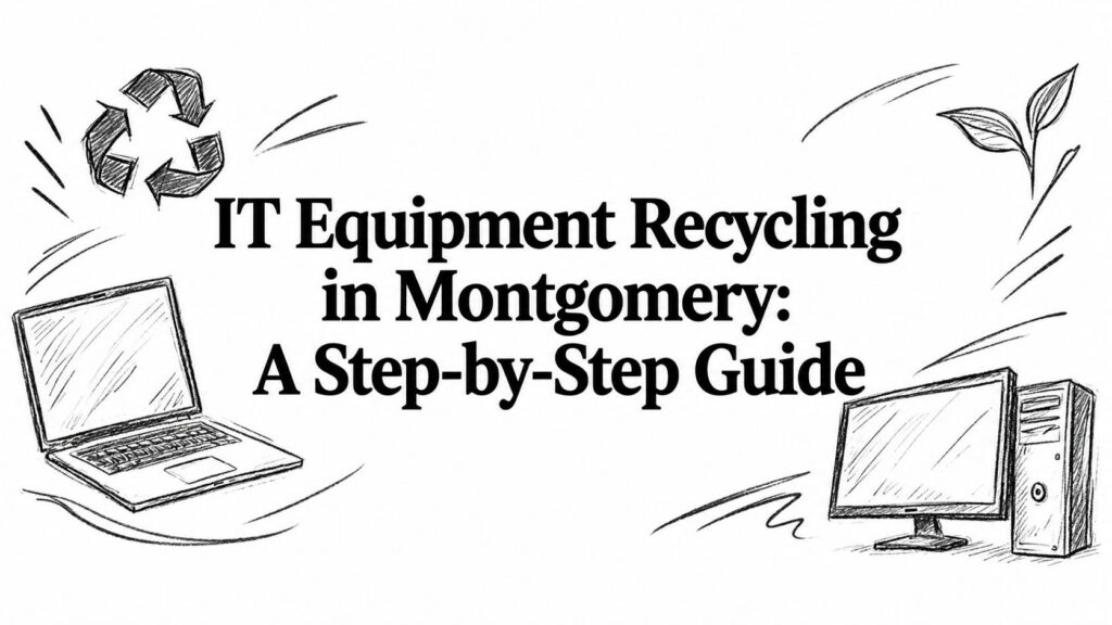 A title card for an IT equipment recycling guide in Montgomery, featuring sketches of a laptop and PC.
