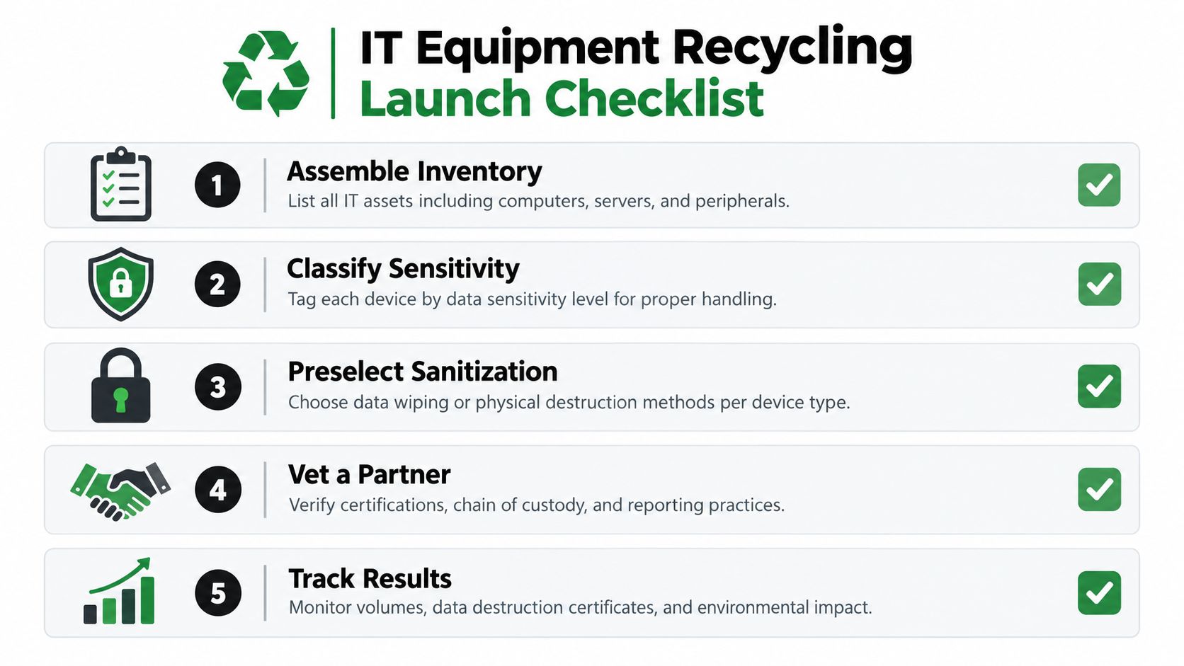 A five-step IT equipment recycling launch checklist for managing and disposing of old business technology hardware.