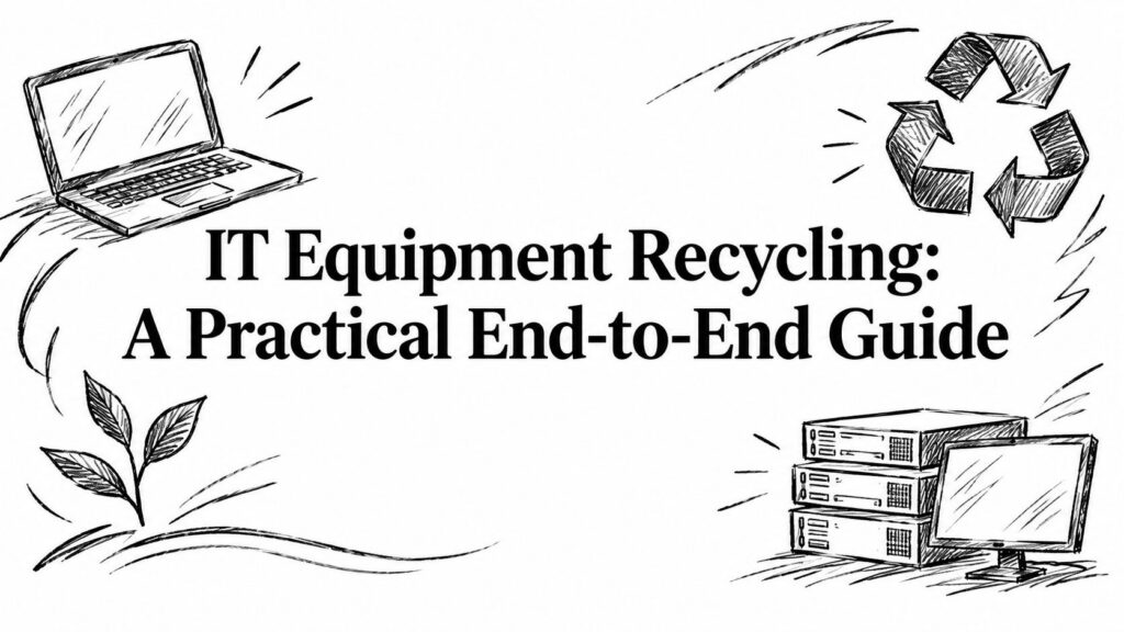 A sketch of IT equipment and a recycling symbol with the text IT Equipment Recycling: A Practical Guide.