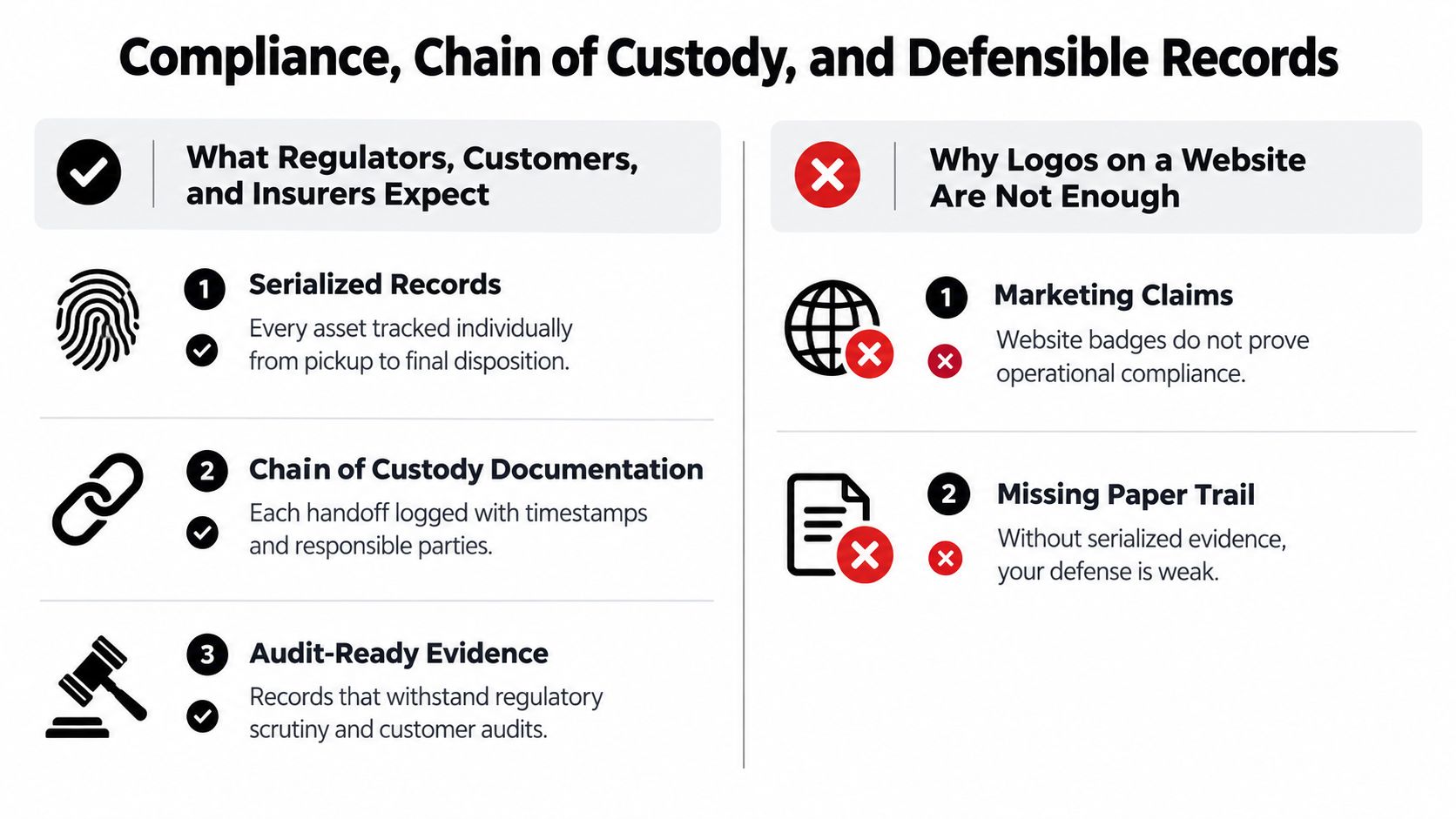 An infographic comparing necessary compliance standards with why website marketing badges are insufficient for security and accountability.