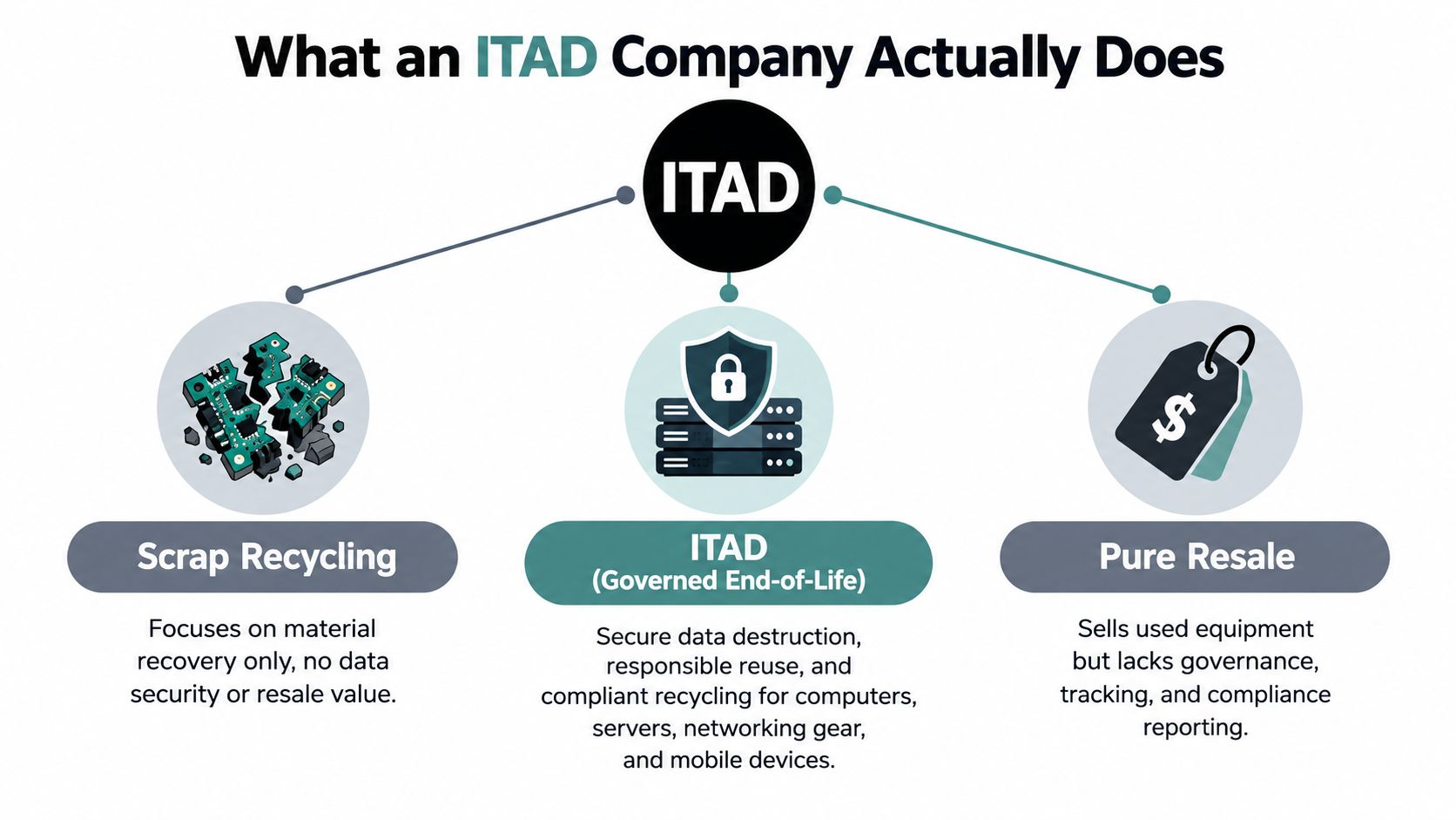 A diagram explaining the roles of an ITAD company including scrap recycling, governed end-of-life, and resale.