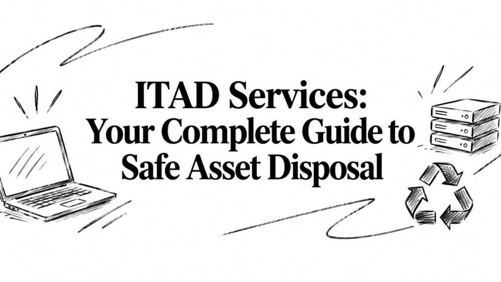 A sketch-style graphic titled ITAD Services: Your Complete Guide to Safe Asset Disposal.