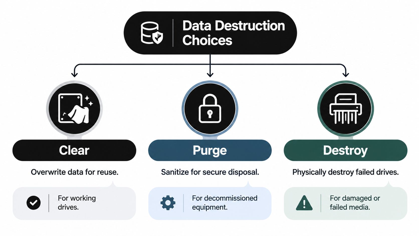 A diagram illustrating three data destruction methods: Clear, Purge, and Destroy, suitable for managing sensitive data assets.