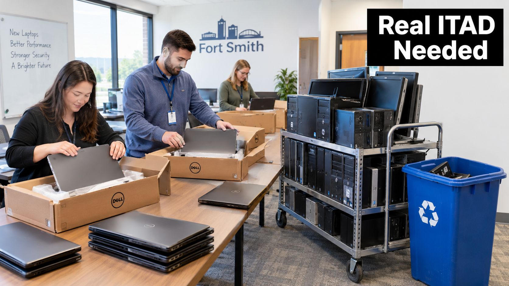 Professionals organizing and packing Dell laptops for IT asset disposition services in a modern office environment.