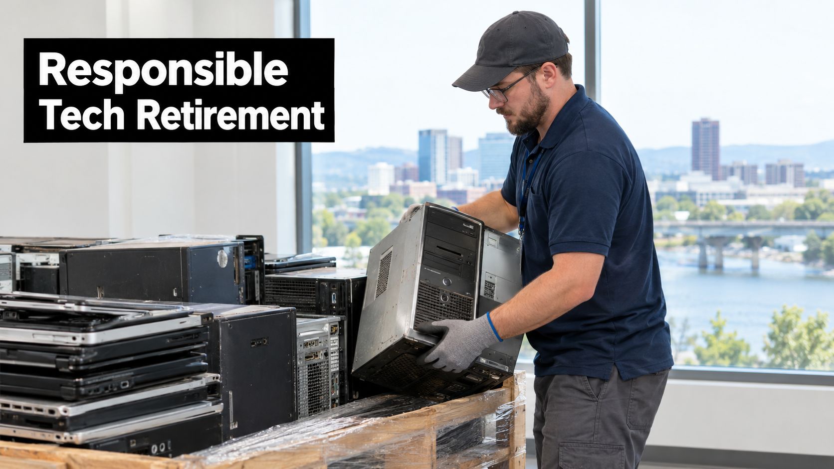 A technician wearing protective gloves prepares a tower computer for recycling on a pallet near a window.