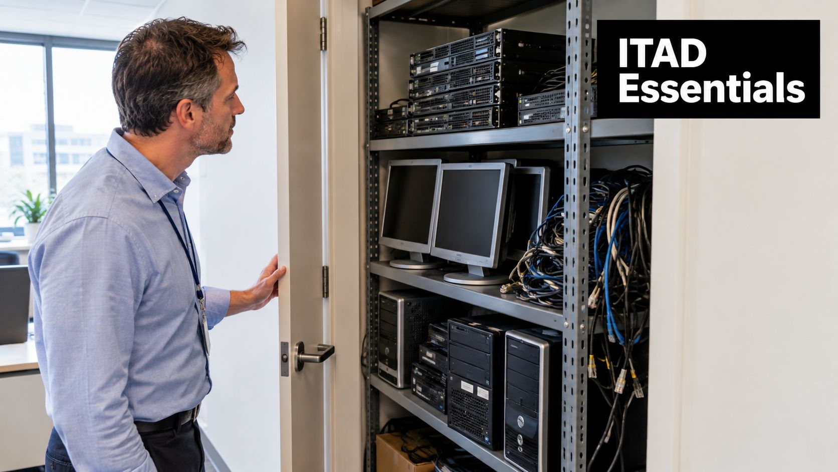 A professional man checking electronic equipment and server hardware stored on metal office shelving units.