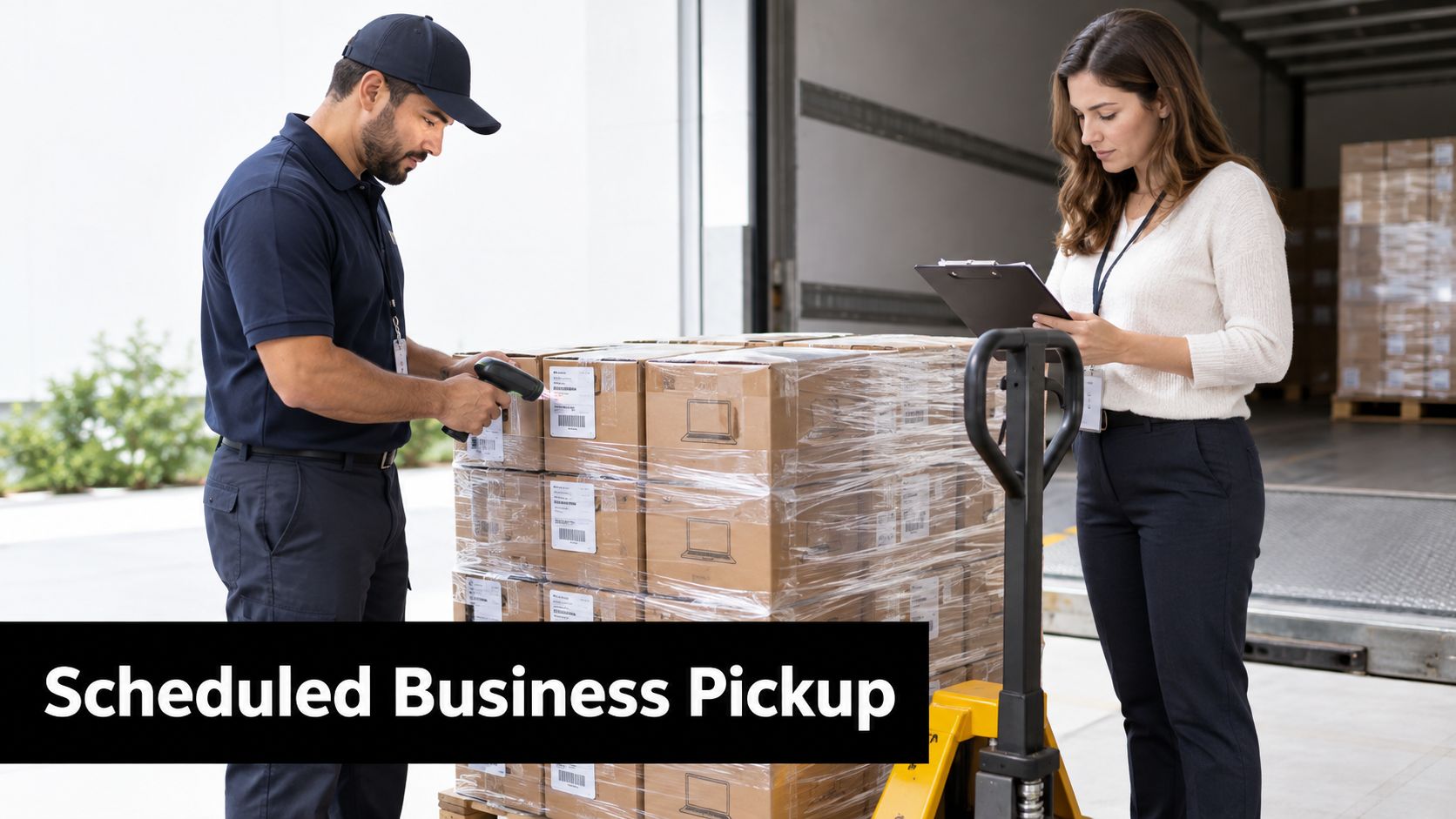 A professional delivery driver scans a pallet of wrapped laptop boxes for a scheduled business pickup.