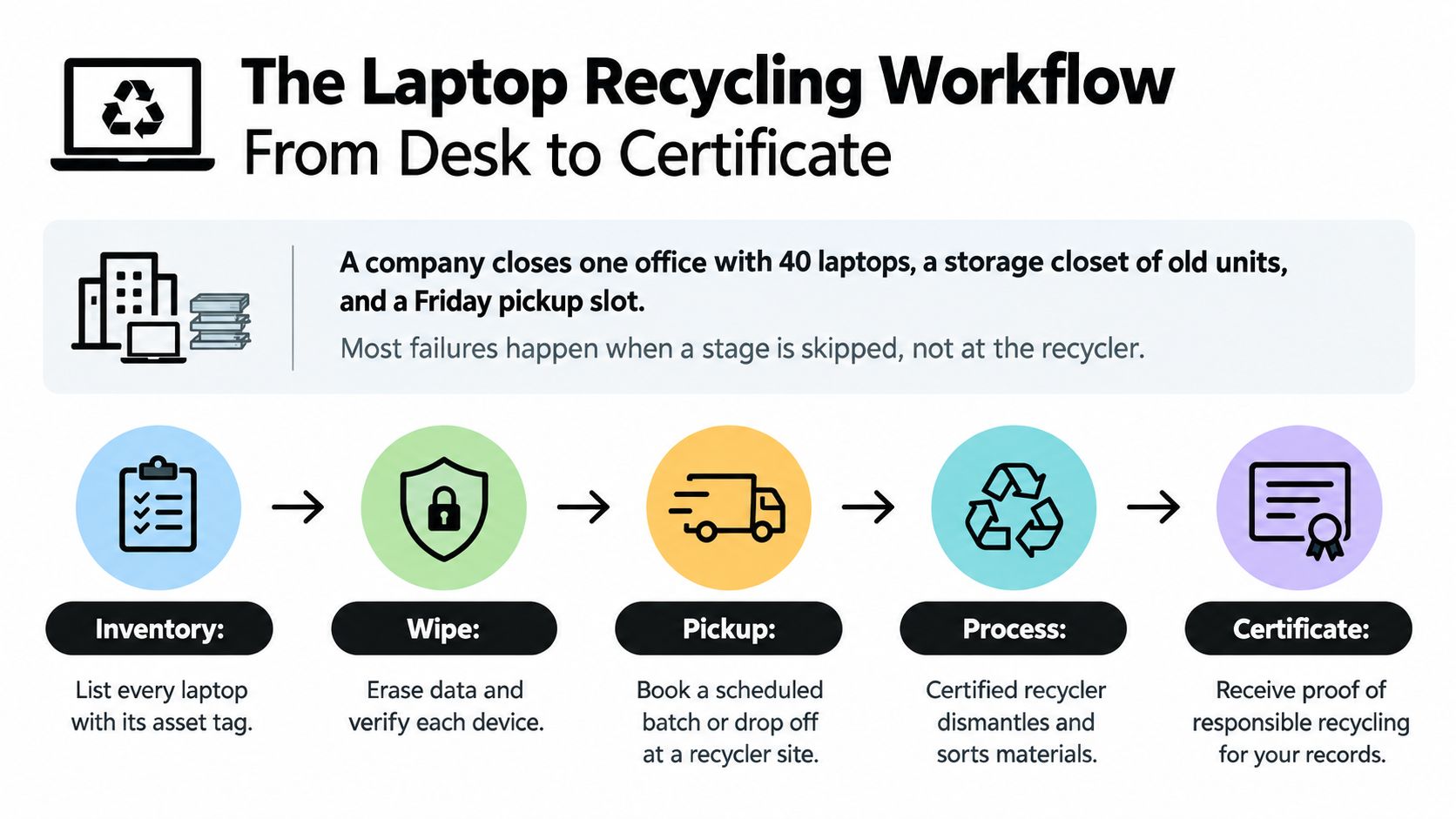 An infographic showing the five-step workflow for laptop recycling from initial inventory to receiving a certificate.