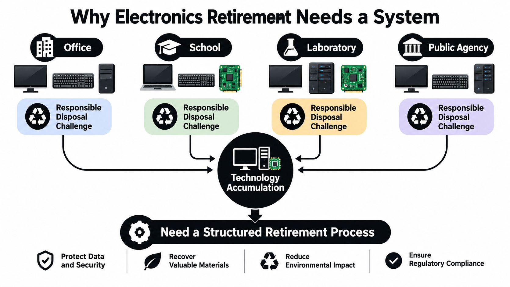 A diagram illustrating why organizations like offices, schools, laboratories, and agencies require structured electronics recycling processes.