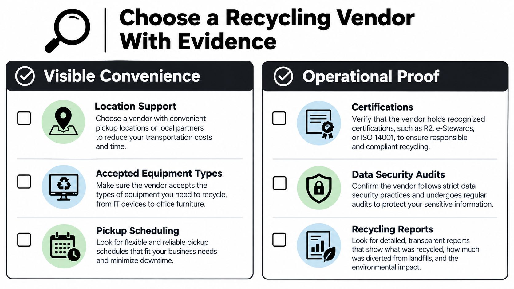 A checklist infographic titled Choose a Recycling Vendor With Evidence outlining criteria like certifications and data security.