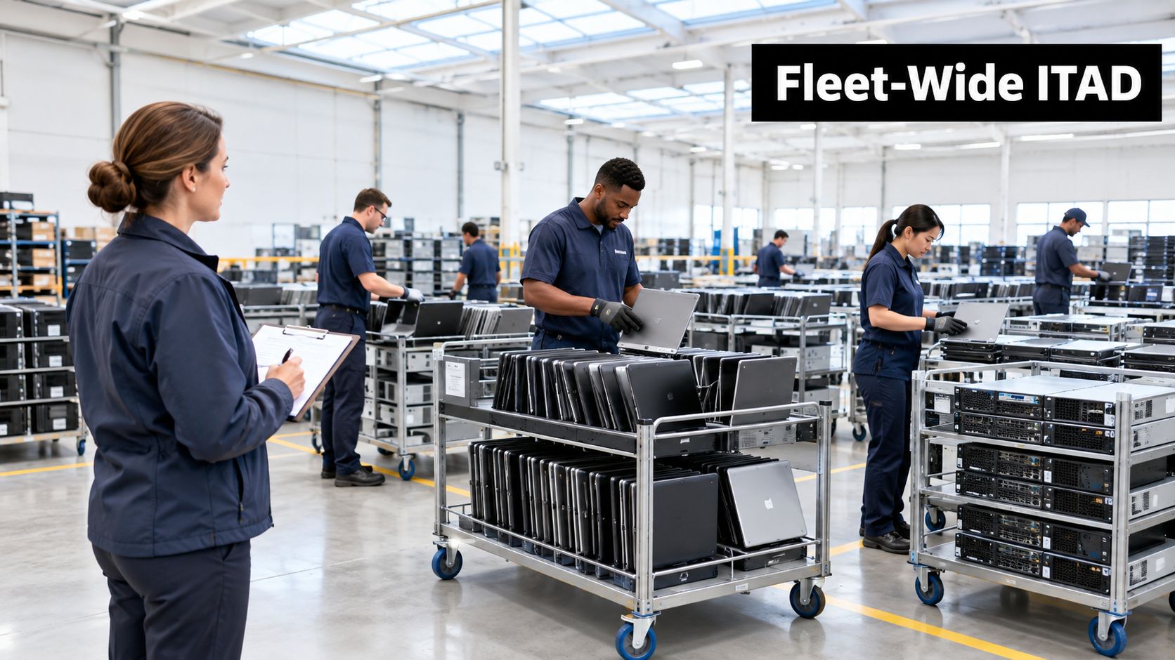 A professional team of workers processing and inspecting electronic hardware in a large, organized industrial warehouse facility.