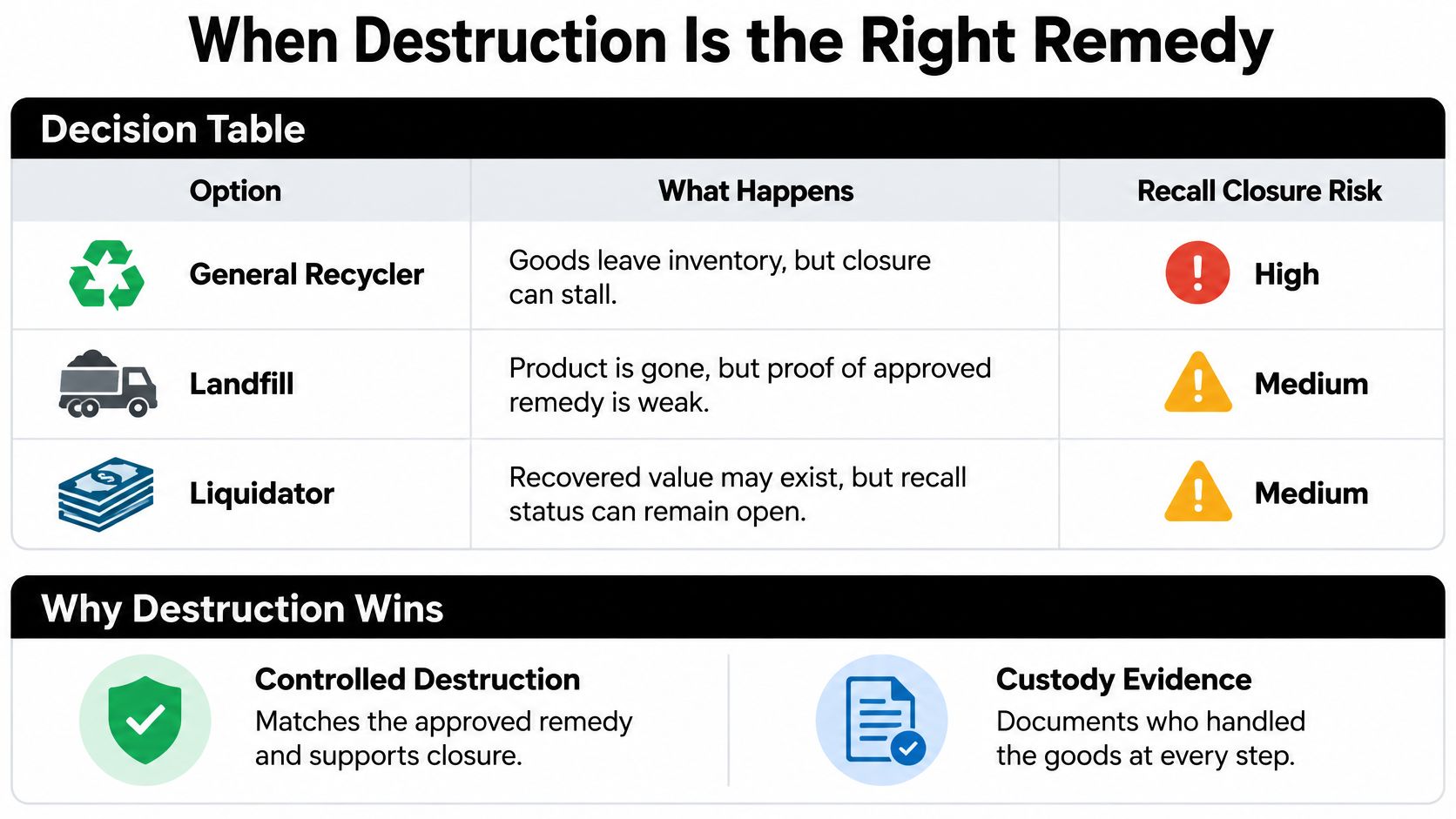 A decision table comparing product disposal options, highlighting why controlled destruction is the most effective remedy.