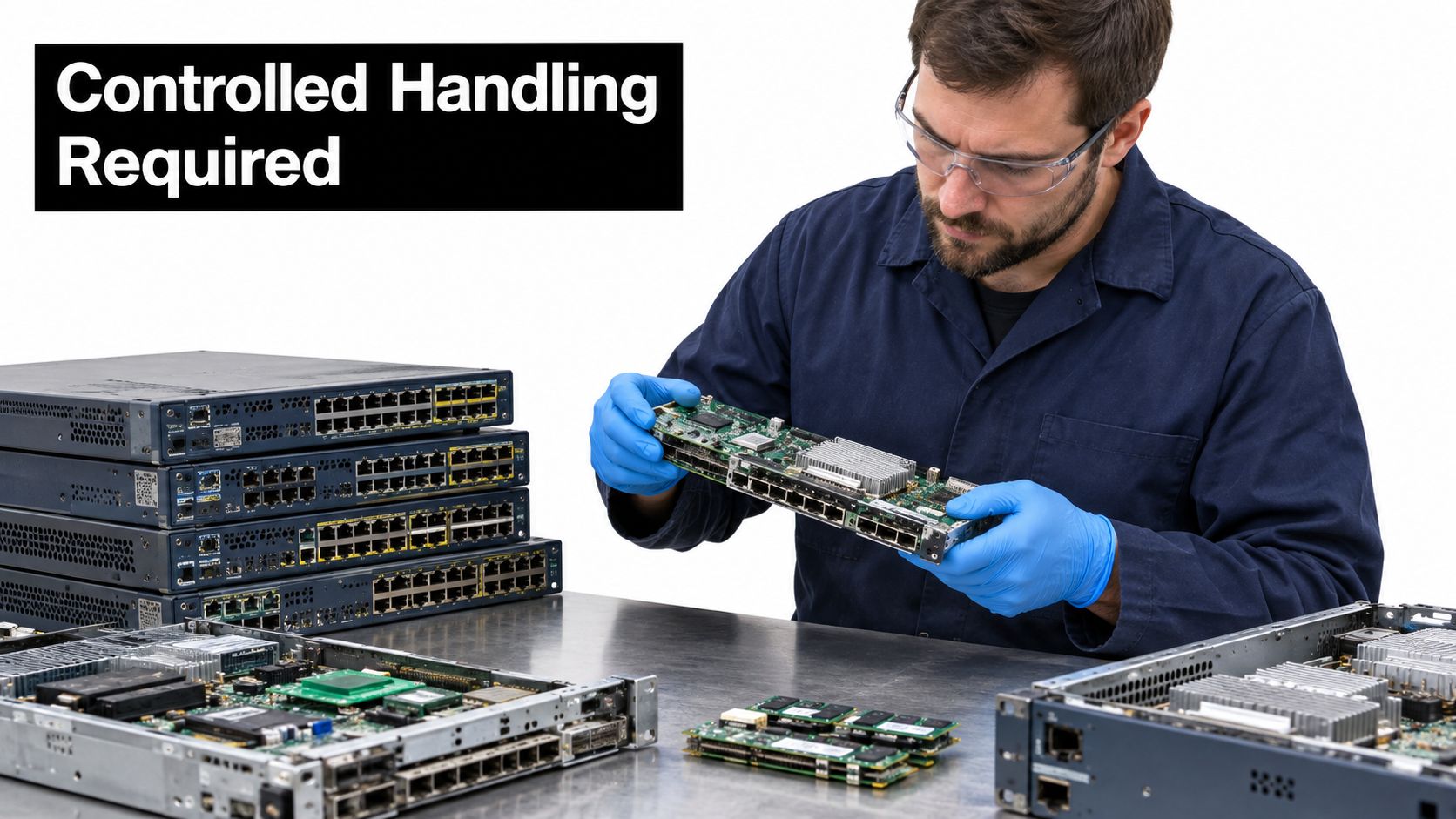A technician wearing blue gloves handles electronic components while repairing network hardware in a professional workshop.