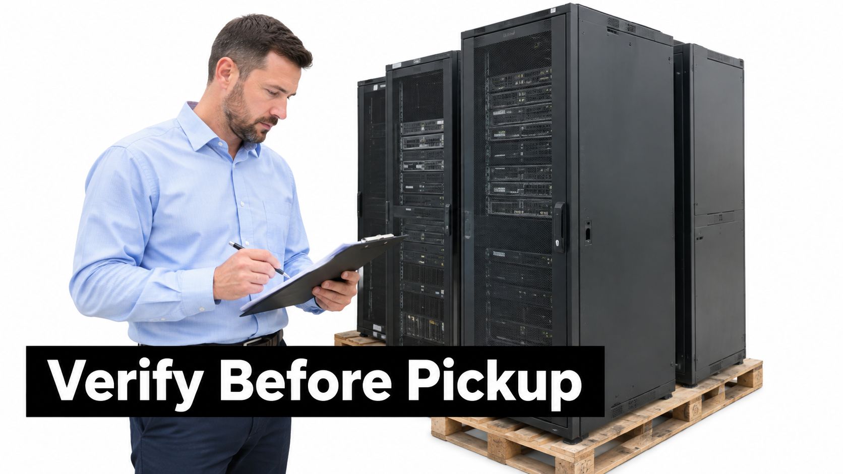 A professional technician inspects network server racks on a wooden pallet before equipment recycling pickup.
