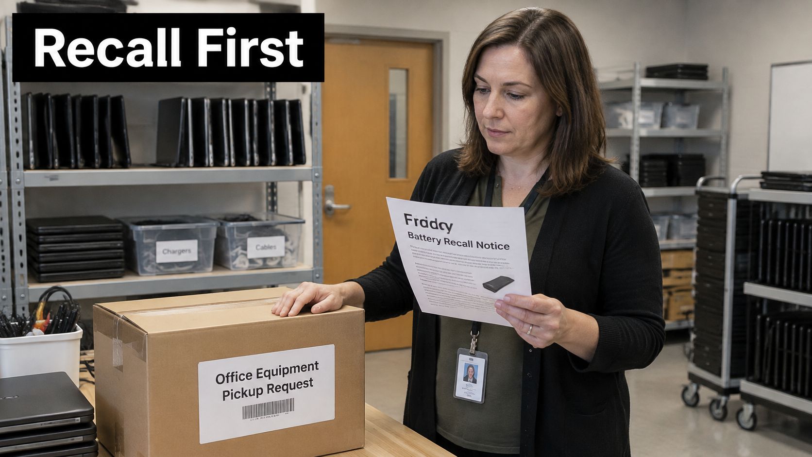 A professional woman in an office holds a battery recall notice next to an equipment pickup box.