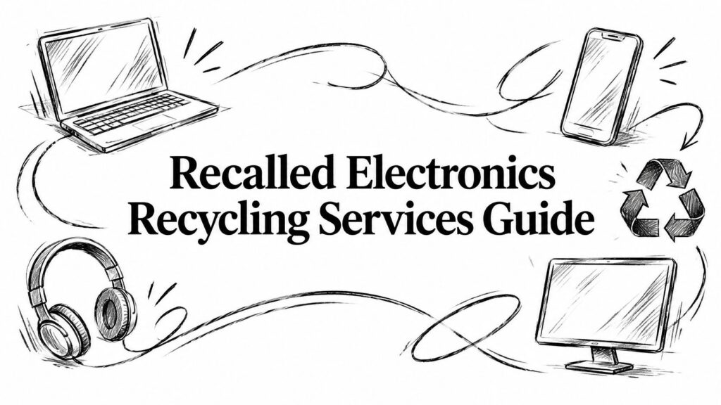 A sketch of a laptop, phone, headphones, and monitor surrounding the text Recalled Electronics Recycling.