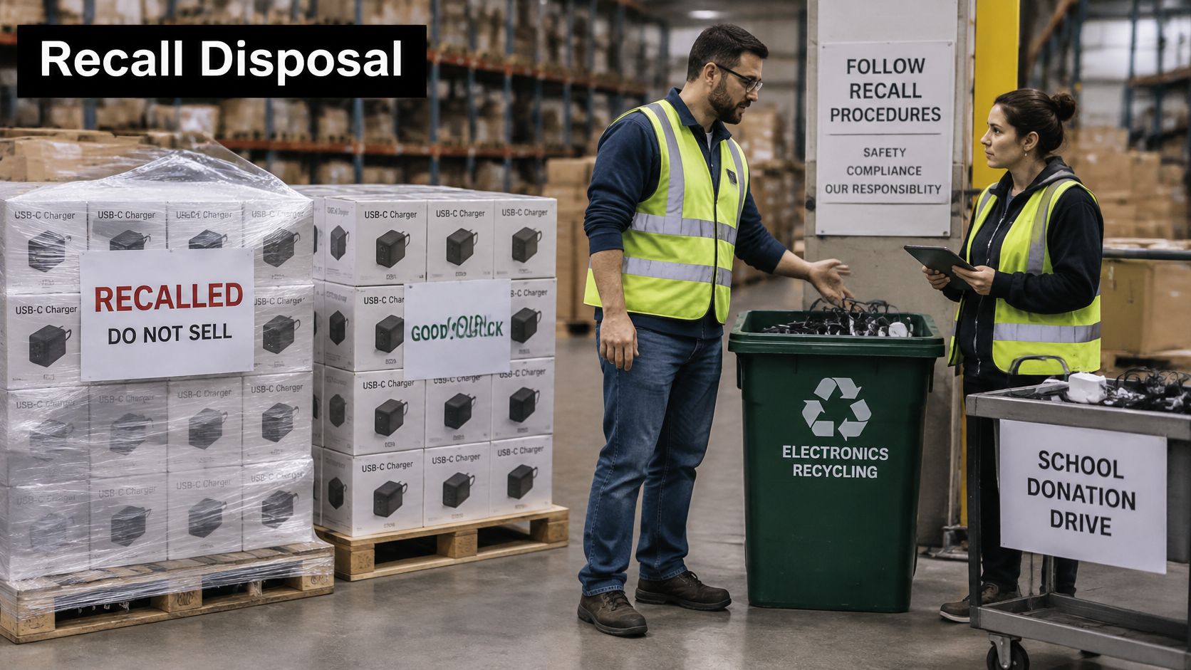 Warehouse employees disposing of recalled USB-C chargers following official safety and compliance procedures at a logistics facility.