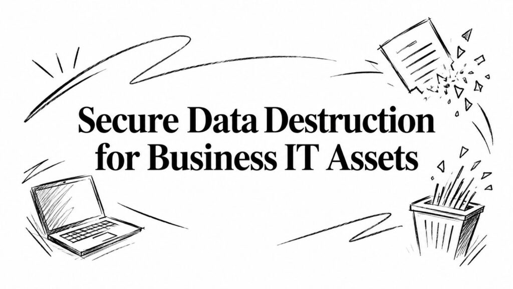 Sketches of a laptop and shredder illustrate Secure Data Destruction for Business IT Assets.