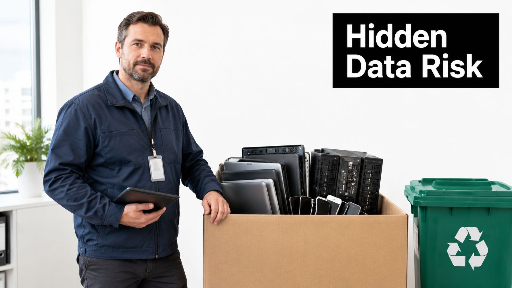 A professional man standing next to a box filled with used laptops and computer towers awaiting recycling.