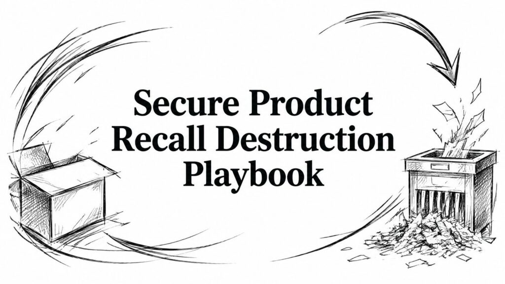 Title card for a Secure Product Recall Destruction Playbook showing sketches of a box and a shredder.