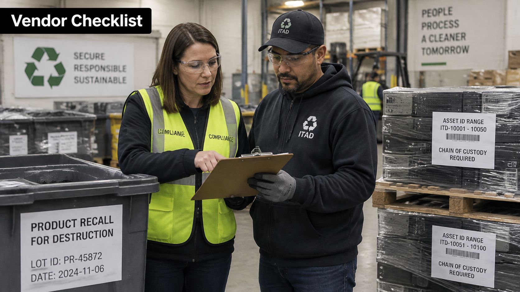 Two professionals in a warehouse reviewing a checklist during a secure product recall destruction procedure.