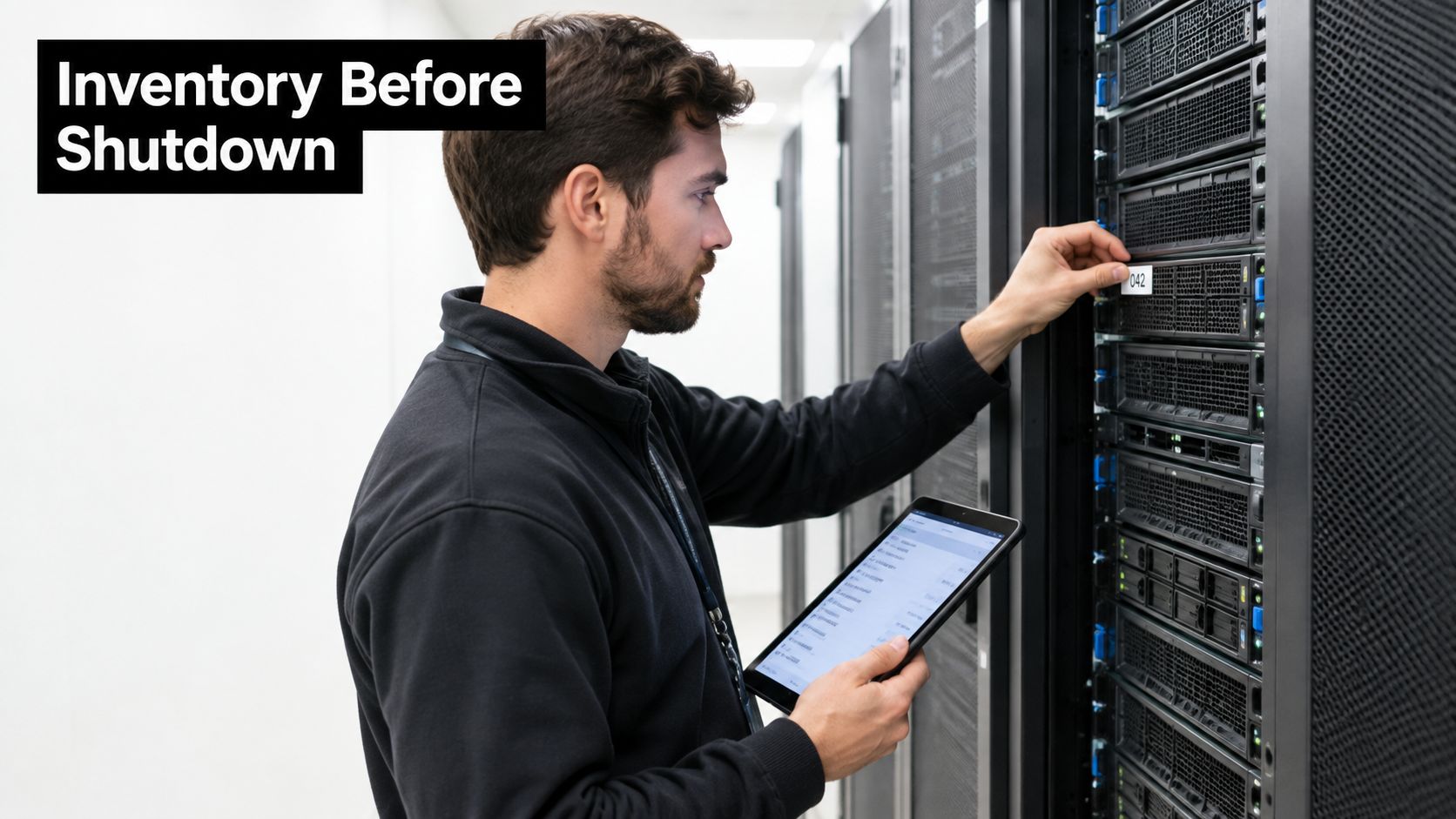 A technician wearing a black shirt checking server equipment in a data center using a tablet.