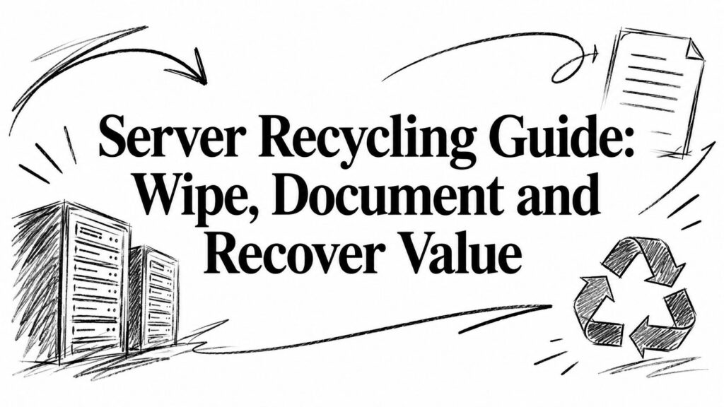 An illustration for a server recycling guide featuring server racks, a document icon, and a symbol.