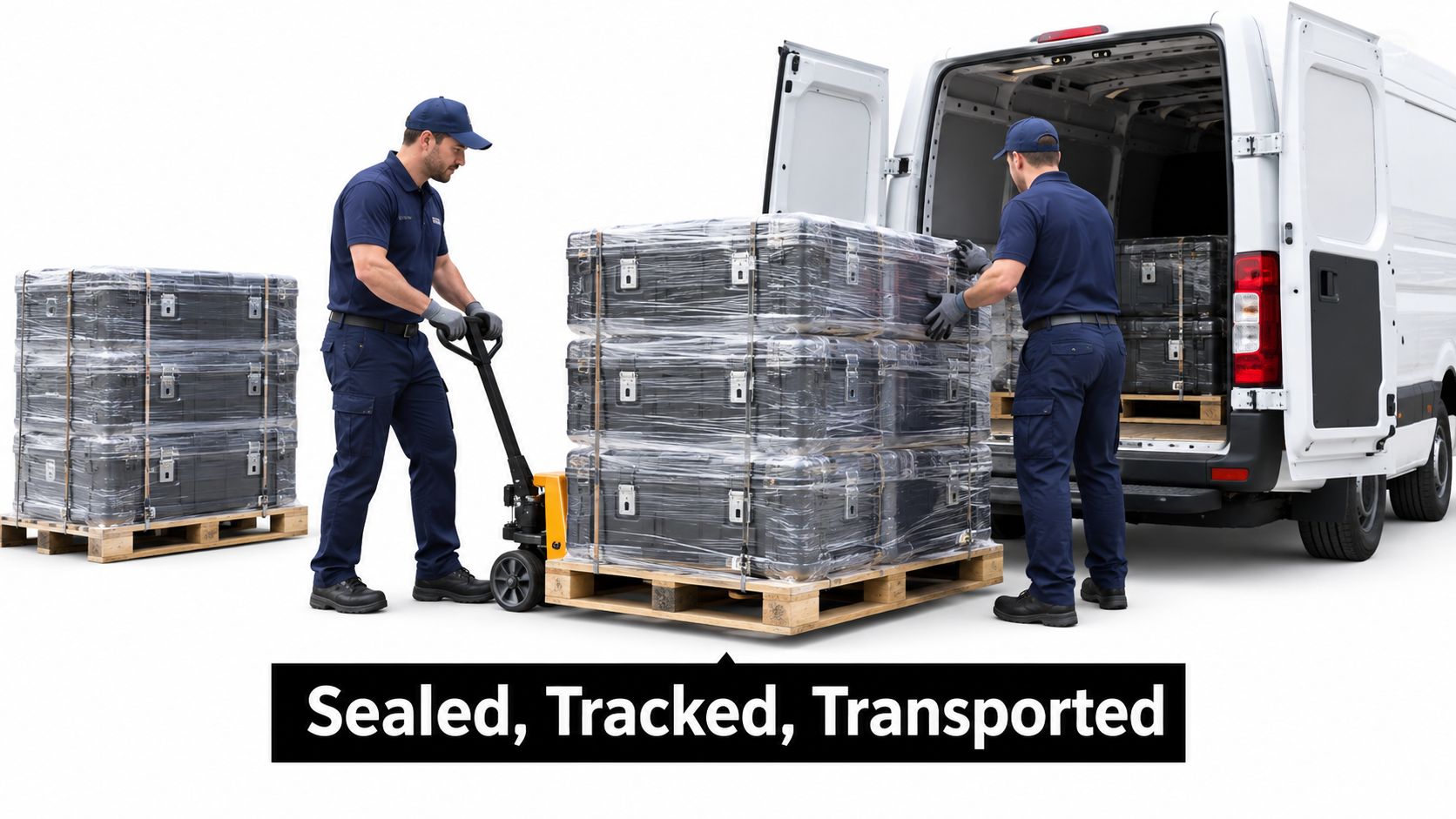 Two delivery workers in blue uniforms loading pallets of equipment into a white transport van.