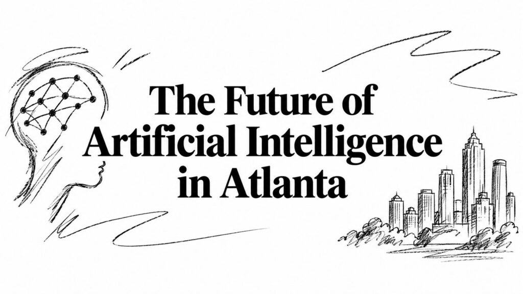 A neural network head faces Atlanta’s skyline beside the words “The Future of Artificial Intelligence in Atlanta.”