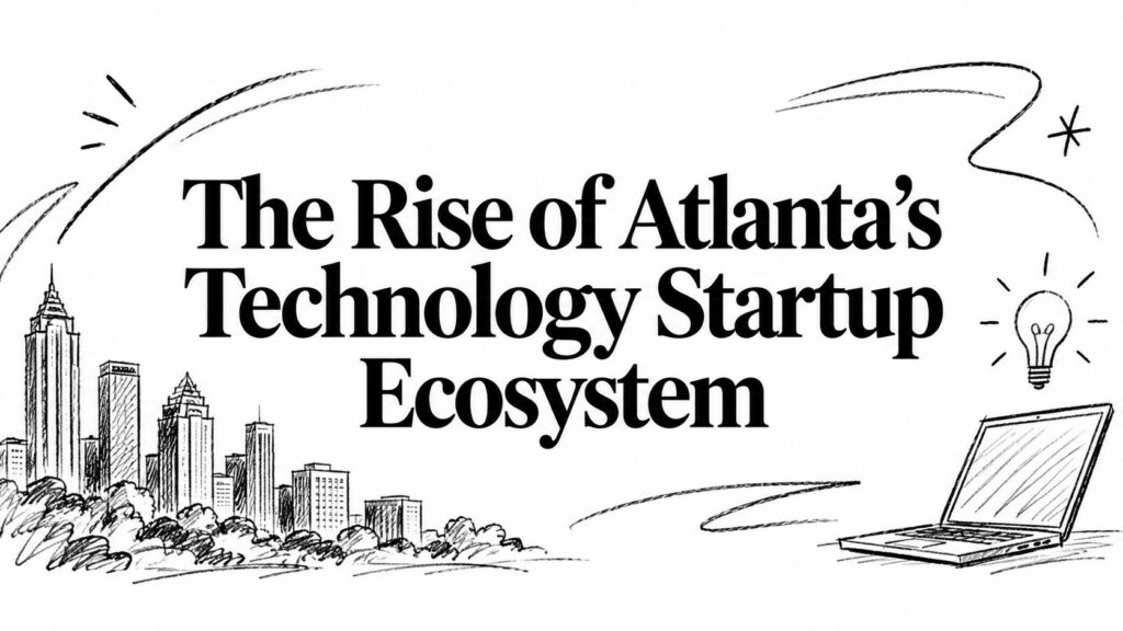 Sketches of city buildings and a laptop accompany text reading “The Rise of Atlanta’s Startup Ecosystem.”