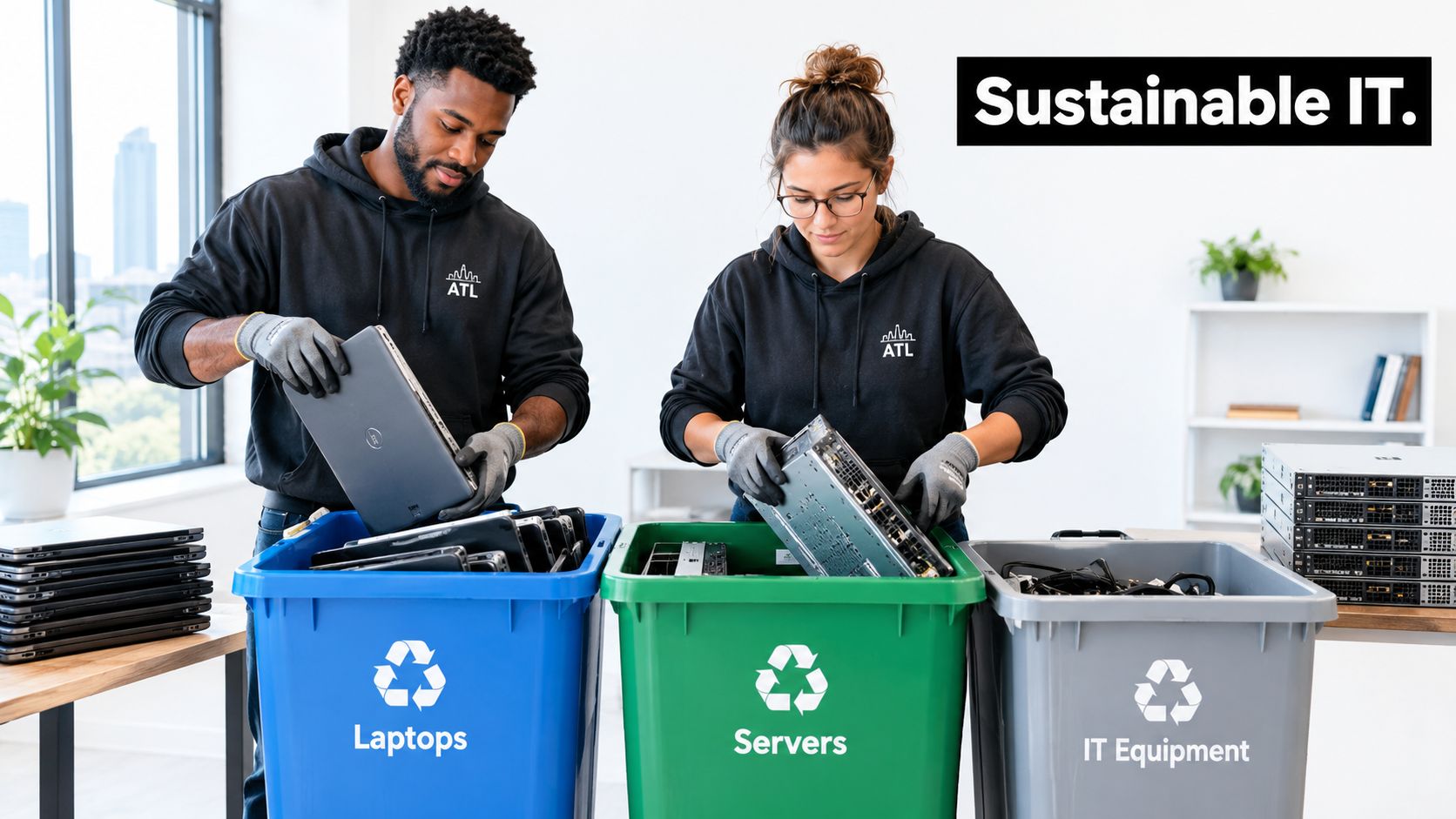 Two people wearing black hoodies putting old electronic equipment into designated recycling bins for sustainable IT disposal.
