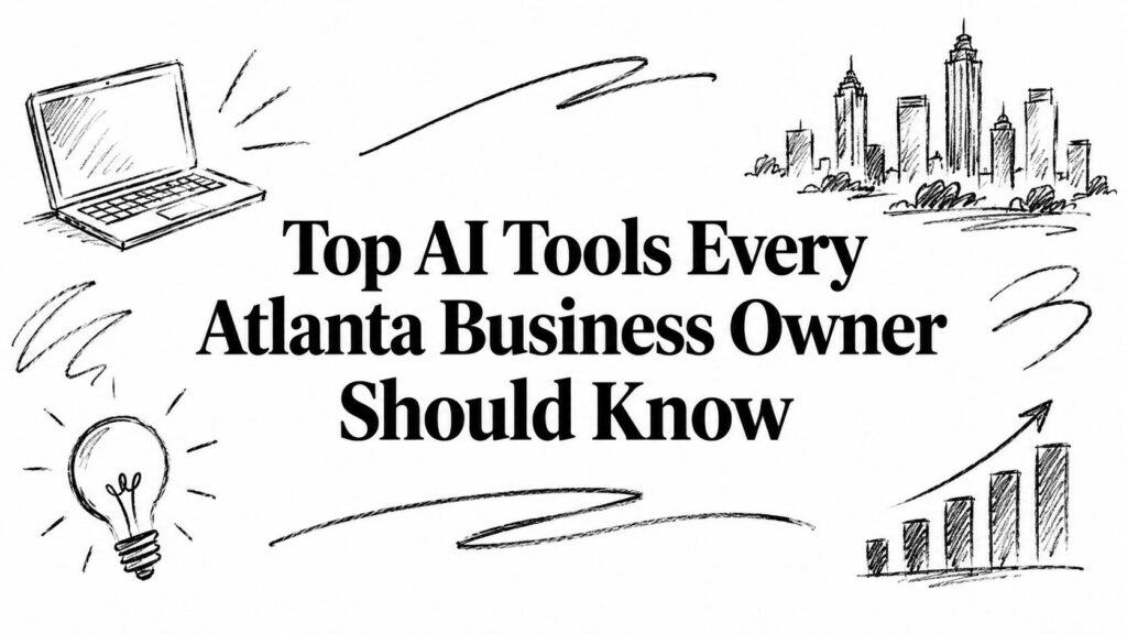 Top AI tools for Atlanta business owners, shown with sketches of a laptop, cityscape, chart, and lightbulb.