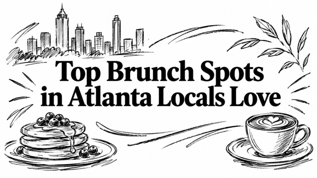 Sketches of a city skyline, pancakes, and coffee accompany the text Top Brunch Spots in Atlanta.