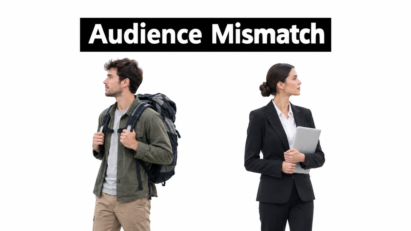 A man with a backpack and a woman in business attire standing back to back representing audience mismatch.