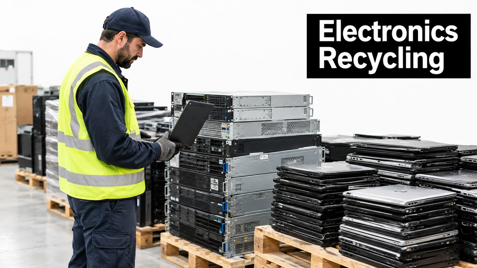 A recycling technician in a safety vest inventories a pallet of stacked servers and laptops in a warehouse.
