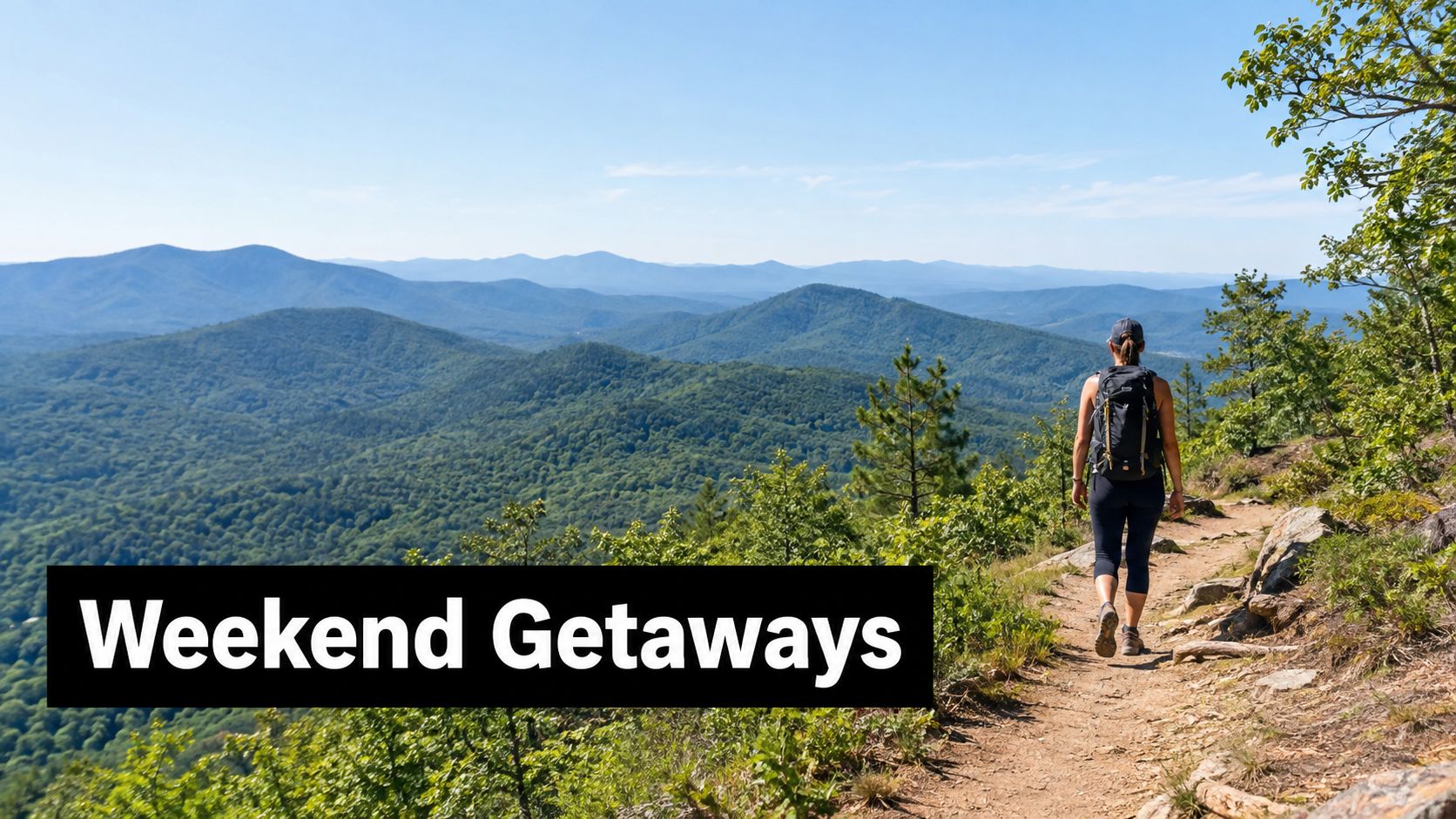 A woman hiker with a backpack walks along a scenic mountain trail overlooking vast green valleys.