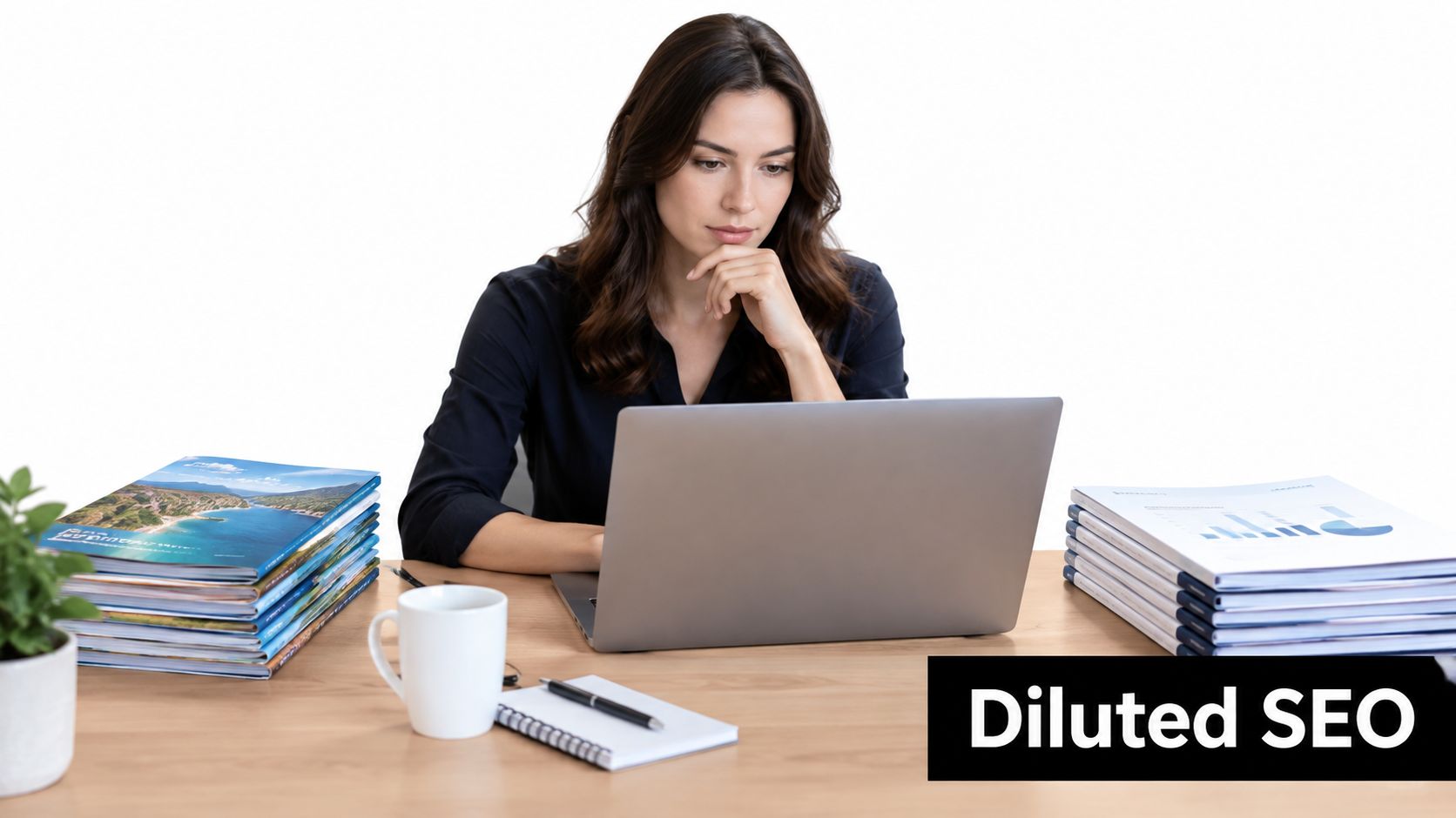 A professional woman working on a laptop at a desk filled with stacked documents and a notebook.
