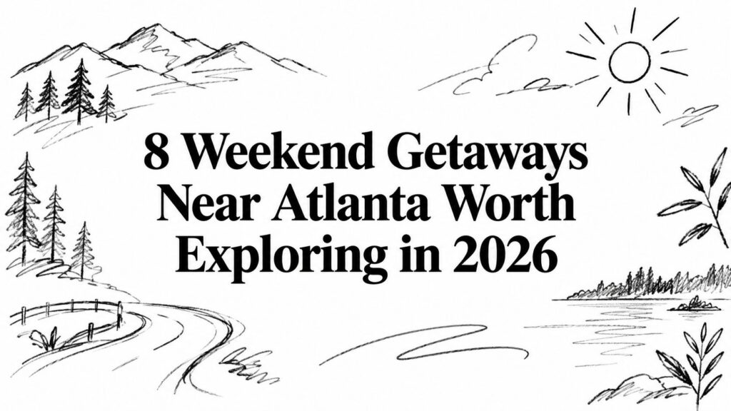 A text graphic titled 8 Weekend Getaways Near Atlanta Worth Exploring in 2026 with scenery sketches.