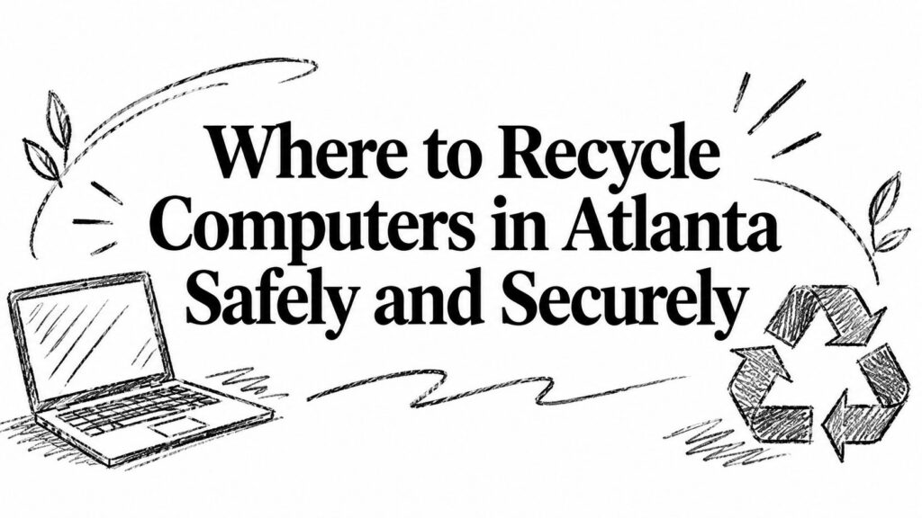 A laptop and recycle icon next to the text: Where to Recycle Computers in Atlanta Safely and Securely.