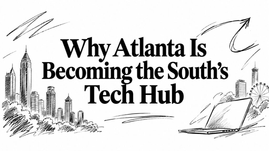 Sketch of the Atlanta skyline, a laptop, and text reading: “Why Atlanta Is Becoming the South’s Tech Hub.”