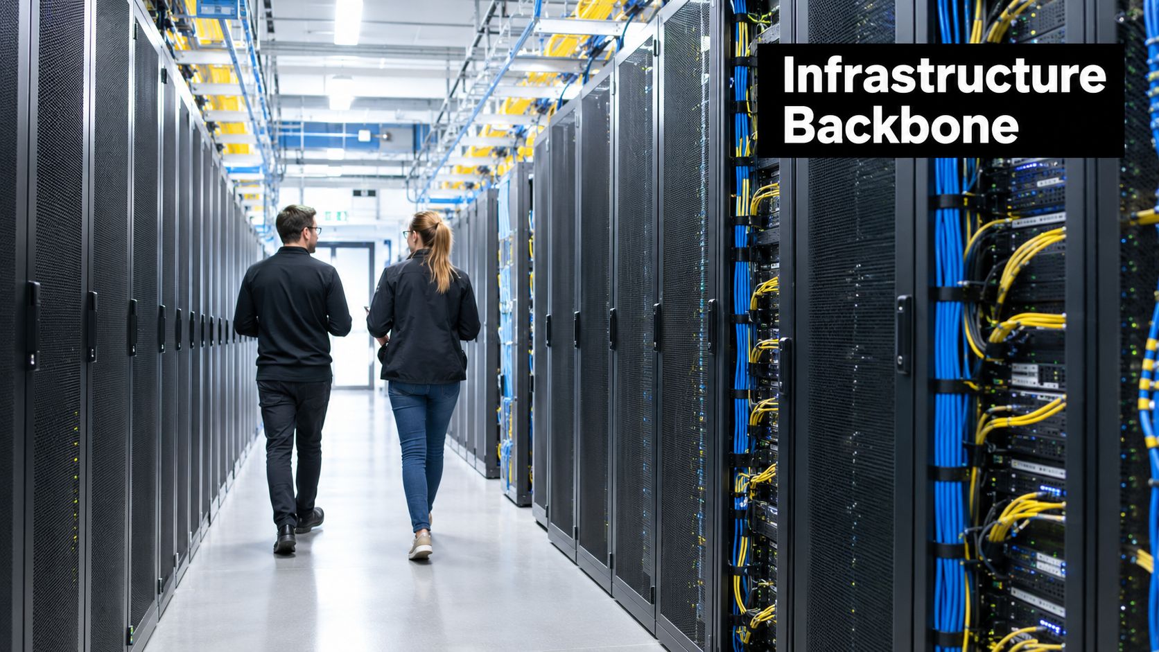 Two professional technicians walking down a hallway between rows of tall black server racks in a data center.