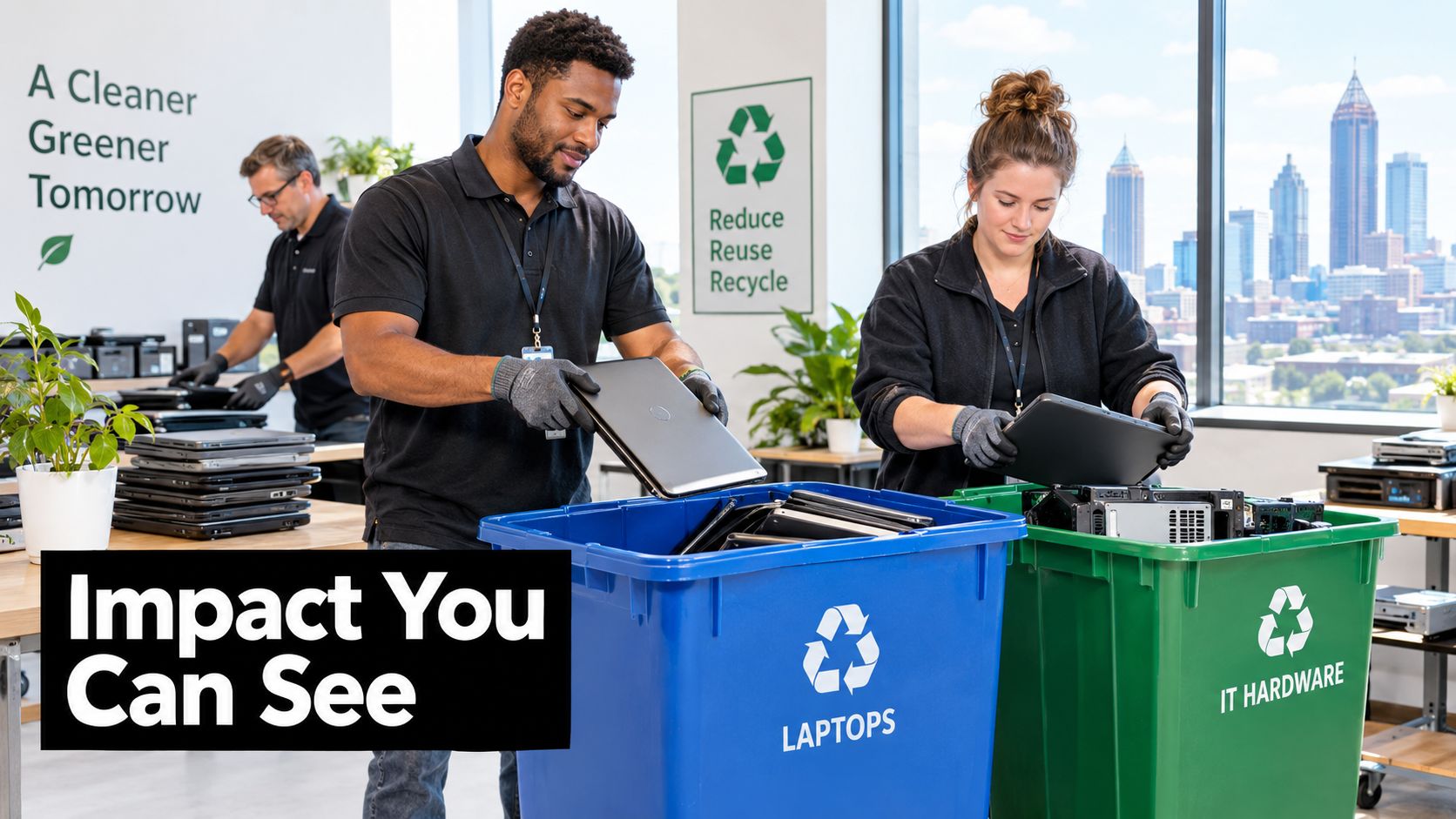 Two people wearing gloves work in an office recycling laptops and hardware with the Atlanta skyline visible.